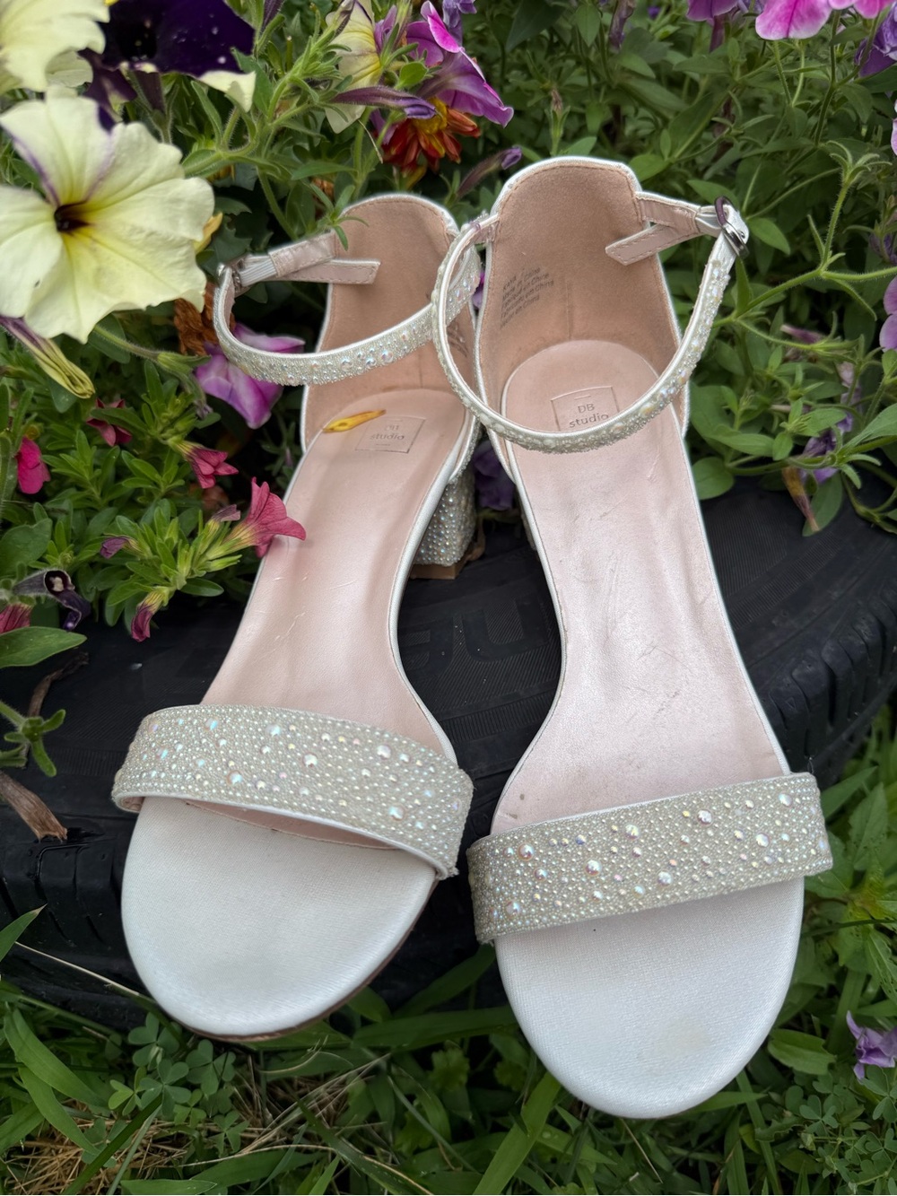 David's Bridal Pink Pearl-Embellished Ankle-Strap Sandals (free sunglasses) - Picture 7 of 7